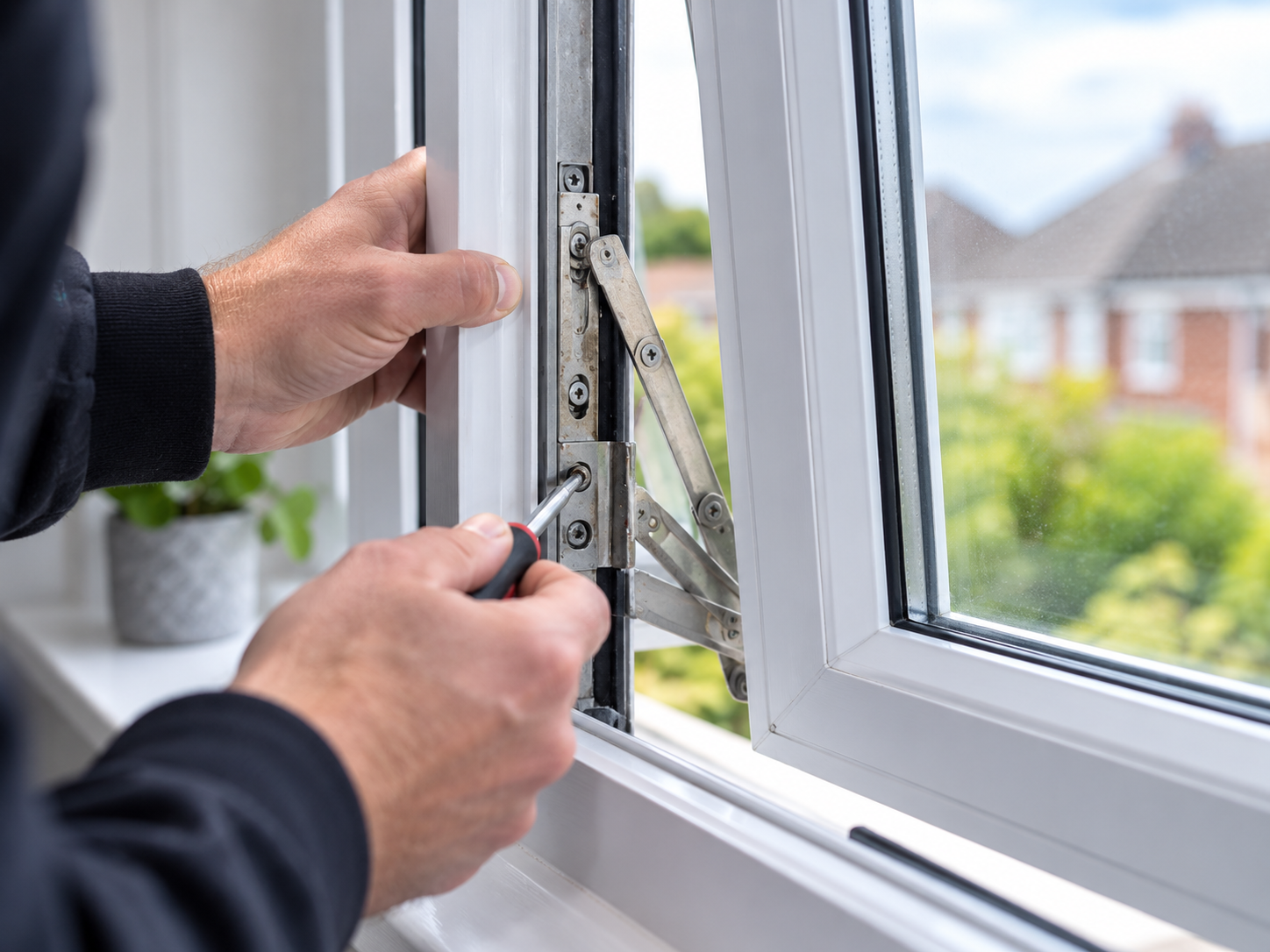 uPVC window hinge and locking hardware being repaired